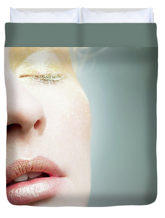 People Duvet Cover featuring the photograph Young Woman With Gold Make Up On Face by Image Source