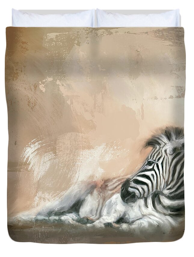 Colorful Duvet Cover featuring the painting Zebra At Rest by Jai Johnson