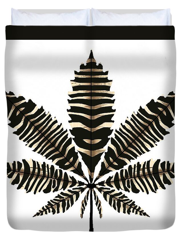 Marijuana Duvet Cover featuring the drawing Single Zebra Pattern Marijuana Leaf On White by Joan Stratton