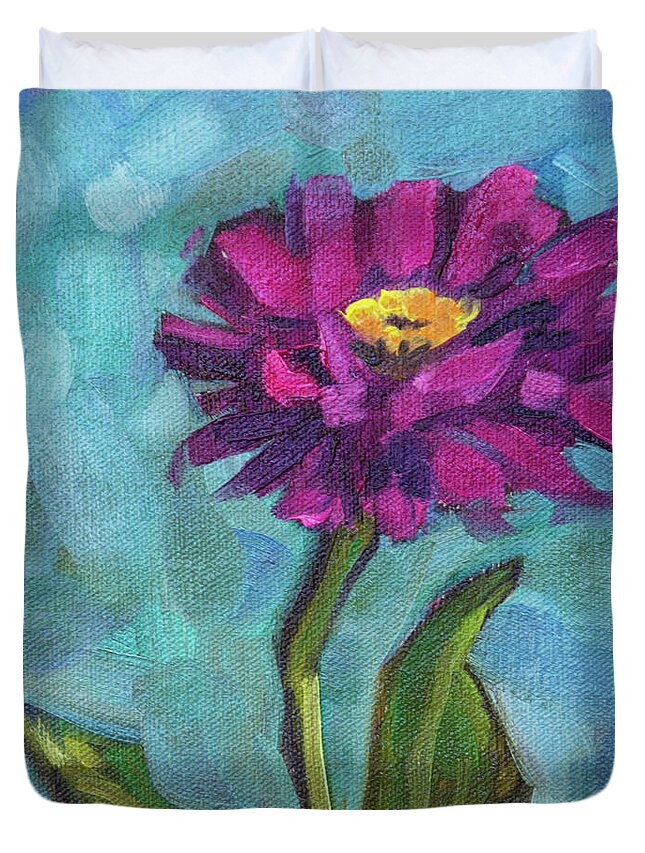 Red Duvet Cover featuring the painting Zinnia Love by Tara D Kemp