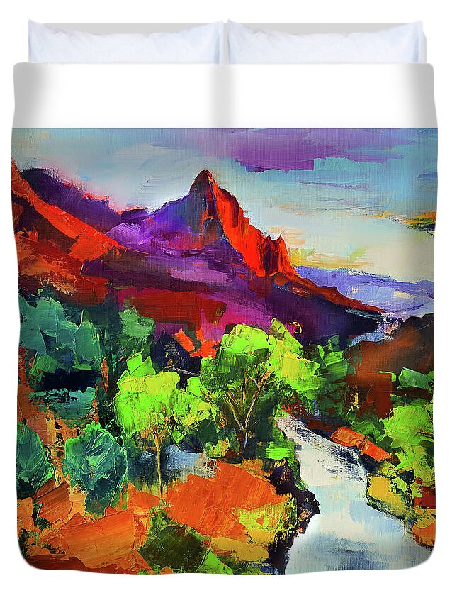 Zion Duvet Cover featuring the painting Zion - The Watchman and the Virgin River Vista by Elise Palmigiani