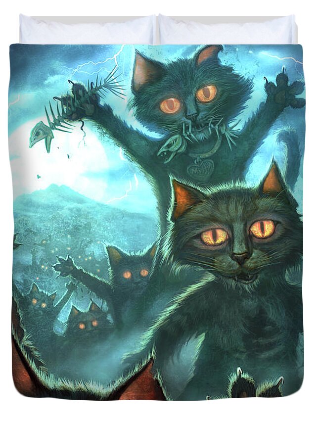 Cat Duvet Cover featuring the painting Zombie Cats by Jeff Haynie