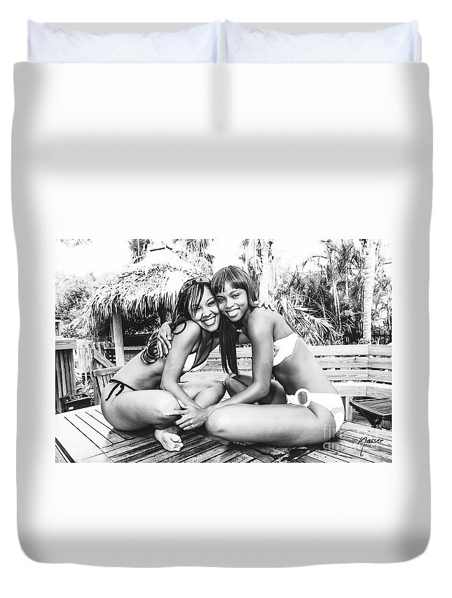 Two Girls Fun Fashion Photoraphy Art Duvet Cover featuring the photograph 0901 Lilisha Dominique Girlfriend Guessing Beach Party Delray by Amyn Nasser