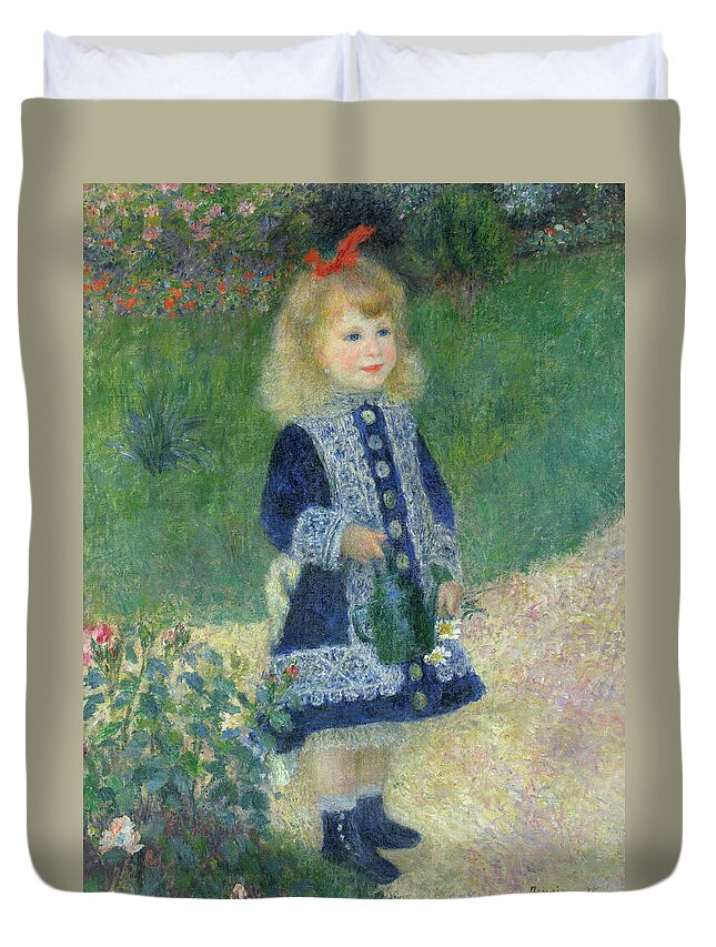 Girl Duvet Cover featuring the painting A Girl with a Watering Can, from 1876 by Auguste Renoir
