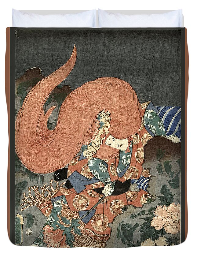 Utagawa Kunisada Duvet Cover featuring the drawing Actor as a lion dancer #2 by Utagawa Kunisada