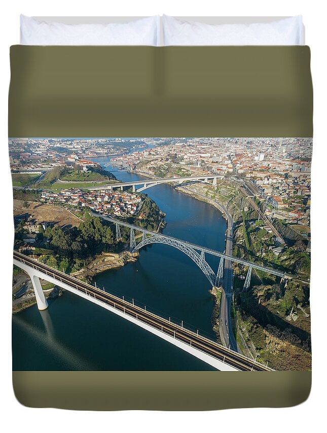 Portugal Duvet Cover featuring the photograph Aerial of bridges and Douro river in Porto #1 by Mikhail Kokhanchikov