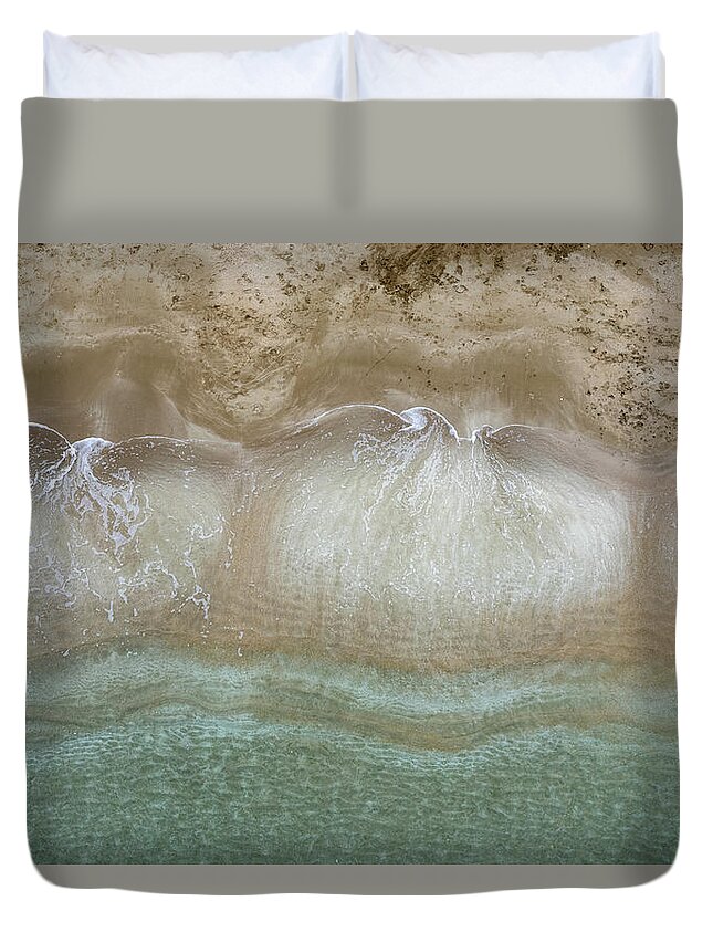 Golden Sand Duvet Cover featuring the photograph Aerial view drone of empty tropical sandy beach with golden sand. Seascape background by Michalakis Ppalis