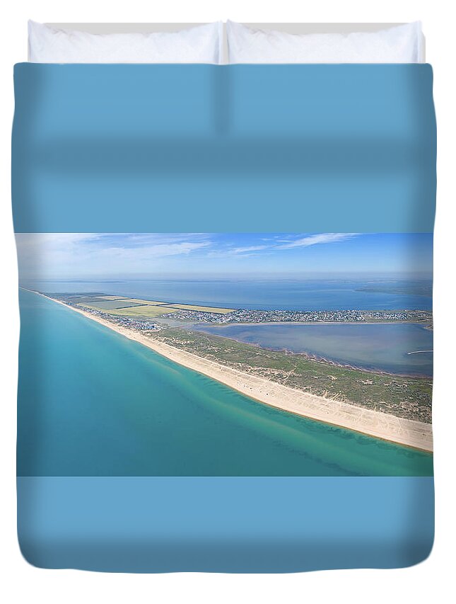 Beach Duvet Cover featuring the photograph Aerial view on sand beach and Black sea #1 by Mikhail Kokhanchikov