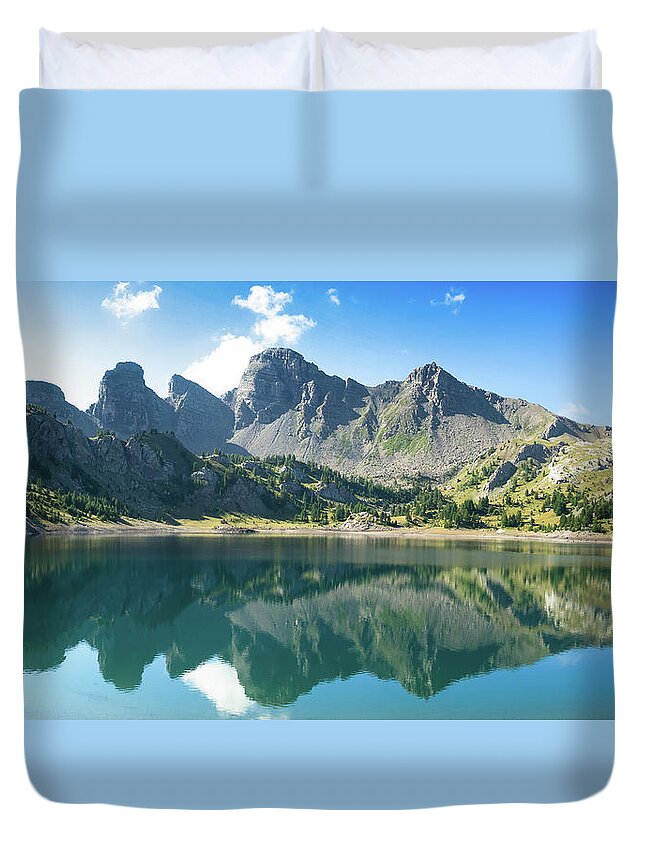 Allos Duvet Cover featuring the photograph Allos lake, mirror effect #2 by Jean-Luc Farges