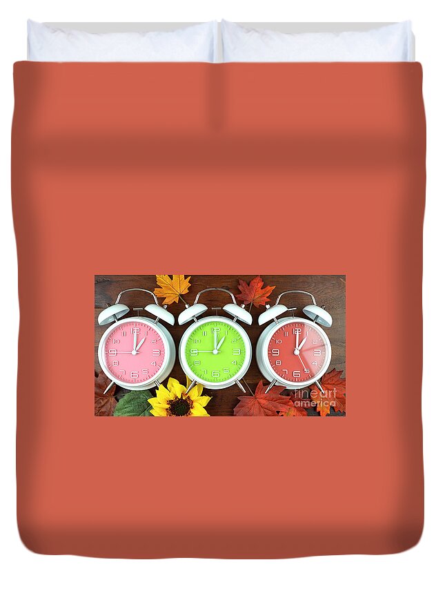 Alarm Duvet Cover featuring the photograph Autumn Fall Daylight Saving Time Clocks #1 by Milleflore Images