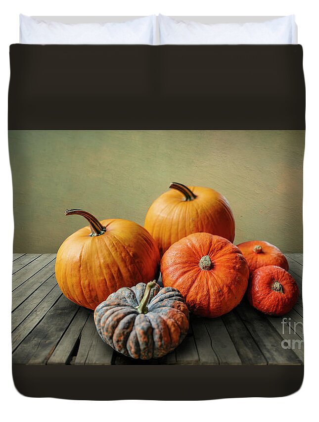 Thanksgiving Duvet Cover featuring the photograph Autumn pumpkins still life on vintage wooden table and rustic ba #3 by Jelena Jovanovic