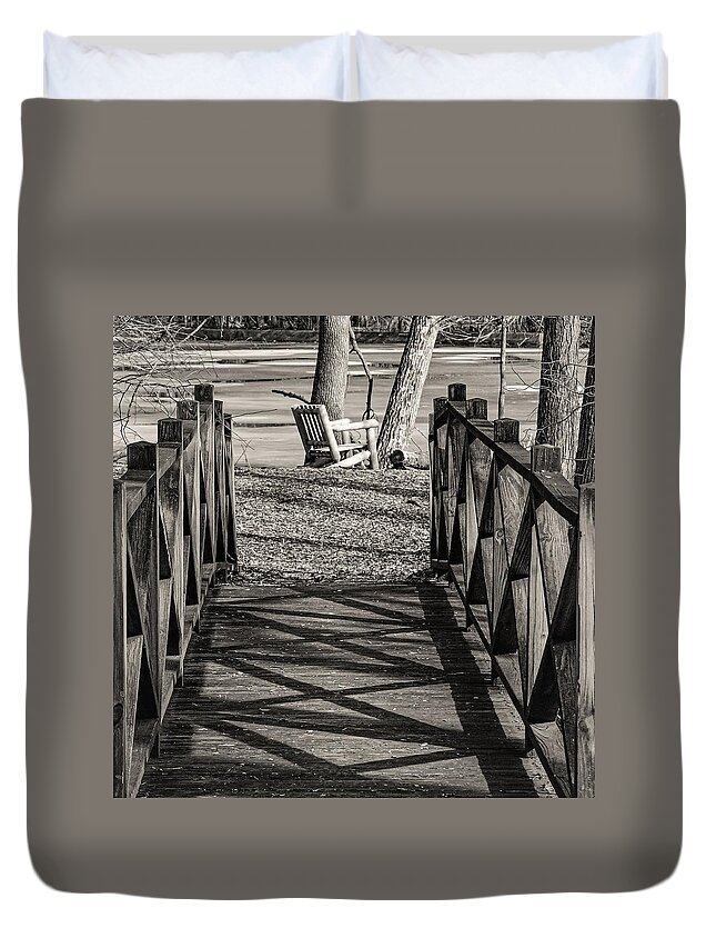 Foot Bridge Water Snow Ice Chair Black White Duvet Cover featuring the photograph Baily's arboretum2 #1 by John Linnemeyer