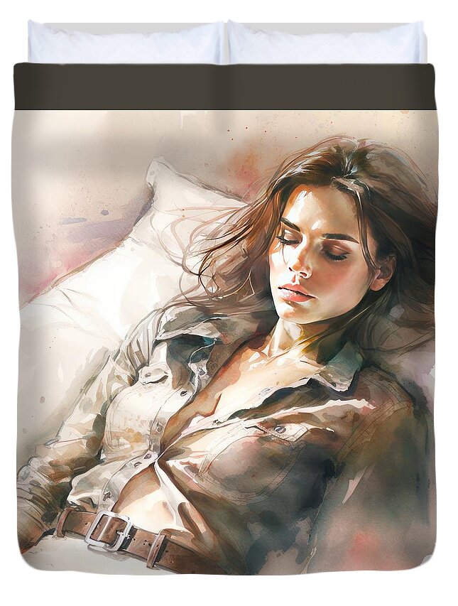 Woman Duvet Cover featuring the painting Beautiful Girl No.13 by My Head Cinema