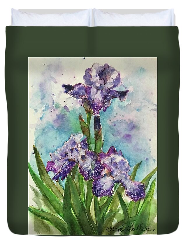Bearded Iris Duvet Cover featuring the painting Birthday Blessings #2 by Cheryl Wallace