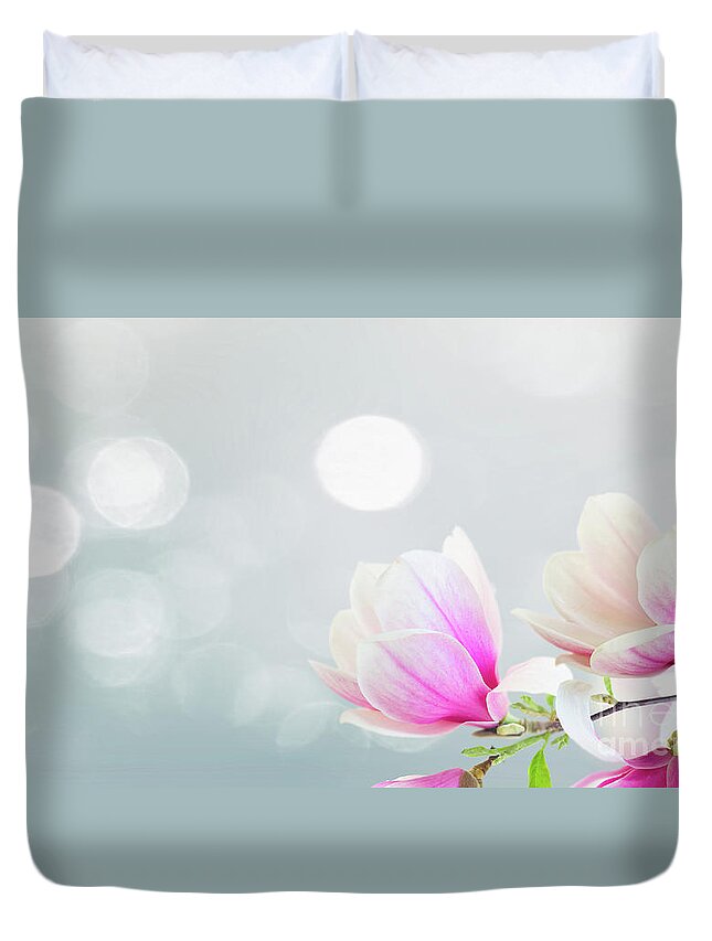 Magnolia Duvet Cover featuring the photograph Blossoming Pink Magnolia Flowers by Anastasy Yarmolovich