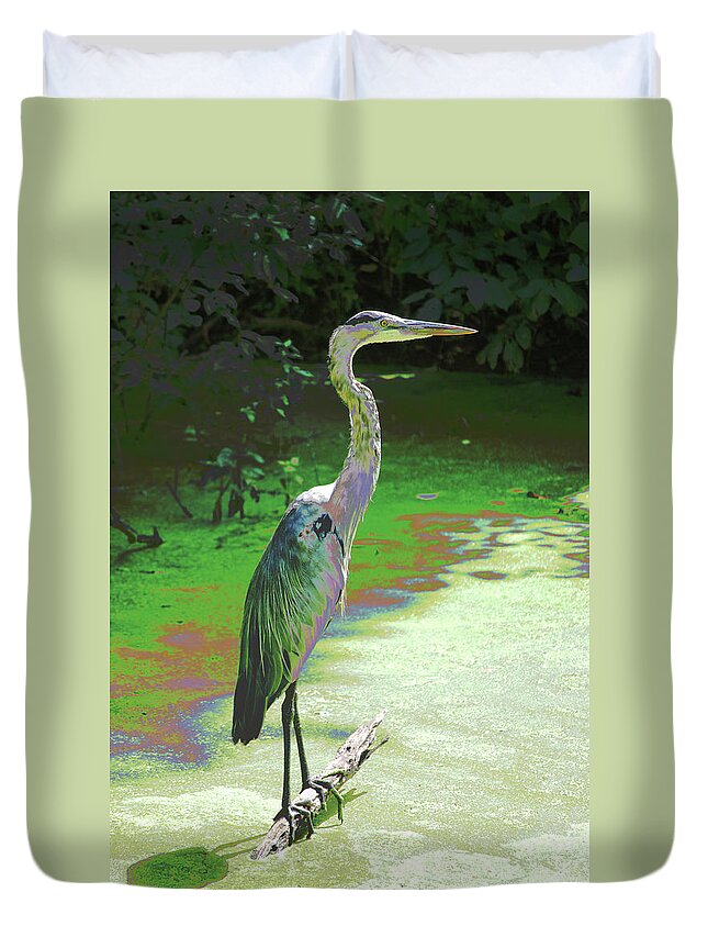 Blue Heron Revision Duvet Cover featuring the digital art Blue Heron Revision #1 by Don Wright