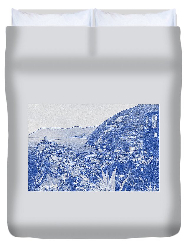 Oil On Canvas Duvet Cover featuring the digital art Blueprint drawing of Cinque Terre 4 #1 by Celestial Images