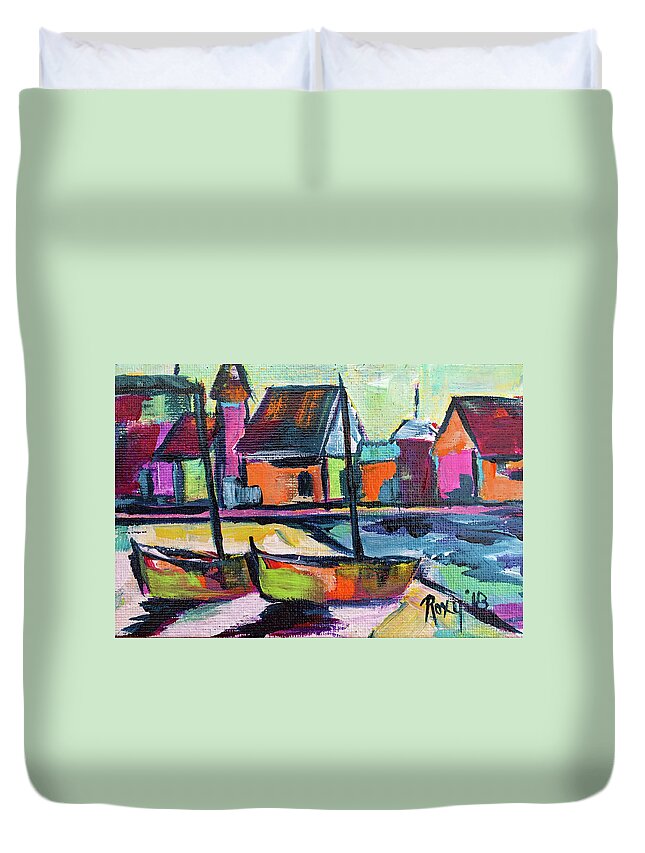 Boats Duvet Cover featuring the painting Boardwalk Boats by Roxy Rich