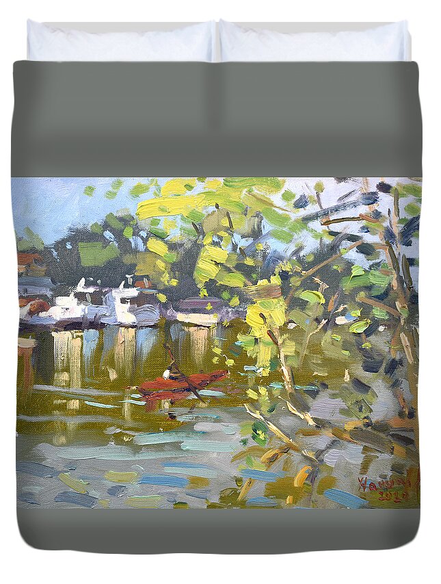 Canal Duvet Cover featuring the painting Boats at North Tonawanda Canal by Ylli Haruni