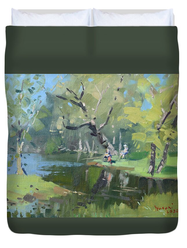 Bond Lake Duvet Cover featuring the painting Bond Lake Park by Ylli Haruni