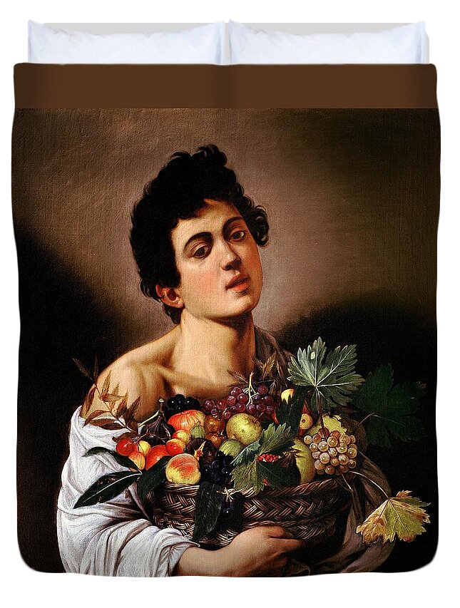 Youn Boy Duvet Cover featuring the painting Boy With Basket of Fruit #1 by Caravaggio