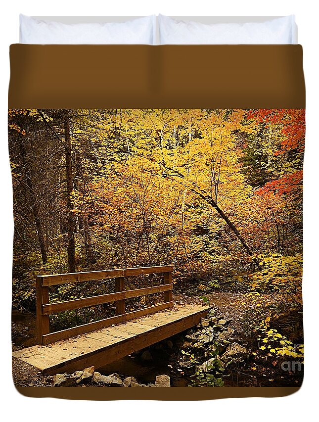Landscape Duvet Cover featuring the photograph Bridge to Autumn #1 by Larry Ricker