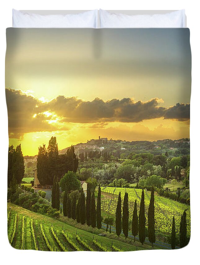 Casale Duvet Cover featuring the photograph Vineyards in Alta Maremma at Sunset by Stefano Orazzini