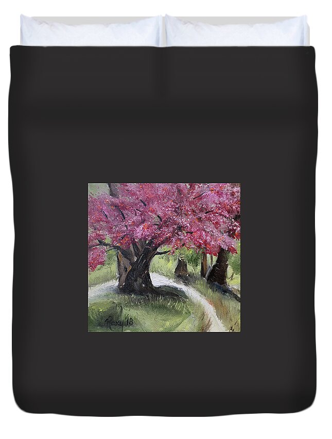 Cherry Blossoms Duvet Cover featuring the painting Cherry Blossoms in the Park #1 by Roxy Rich