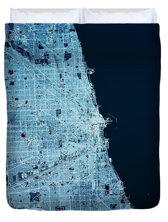 Chicago Duvet Cover featuring the digital art Chicago Illinois 3D Render Map Blue Top View Oct 2019 by Frank Ramspott