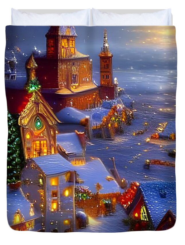 Digital Christmas Village Snow Duvet Cover featuring the digital art Christmas Village by Beverly Read