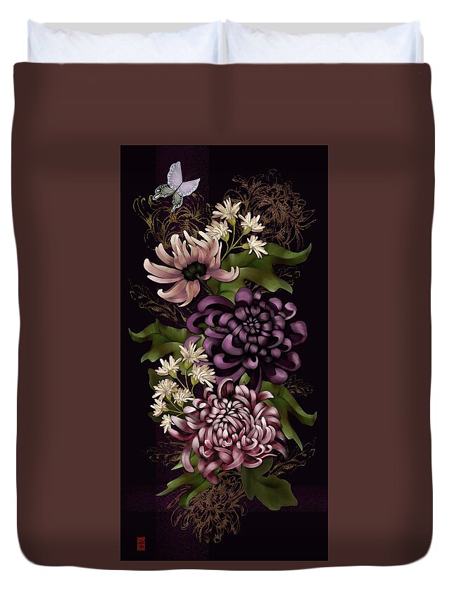 Chinoiserie Duvet Cover featuring the digital art Chrysanthemums and Butterfly Modern Chinoiserie dark purple by Sand And Chi