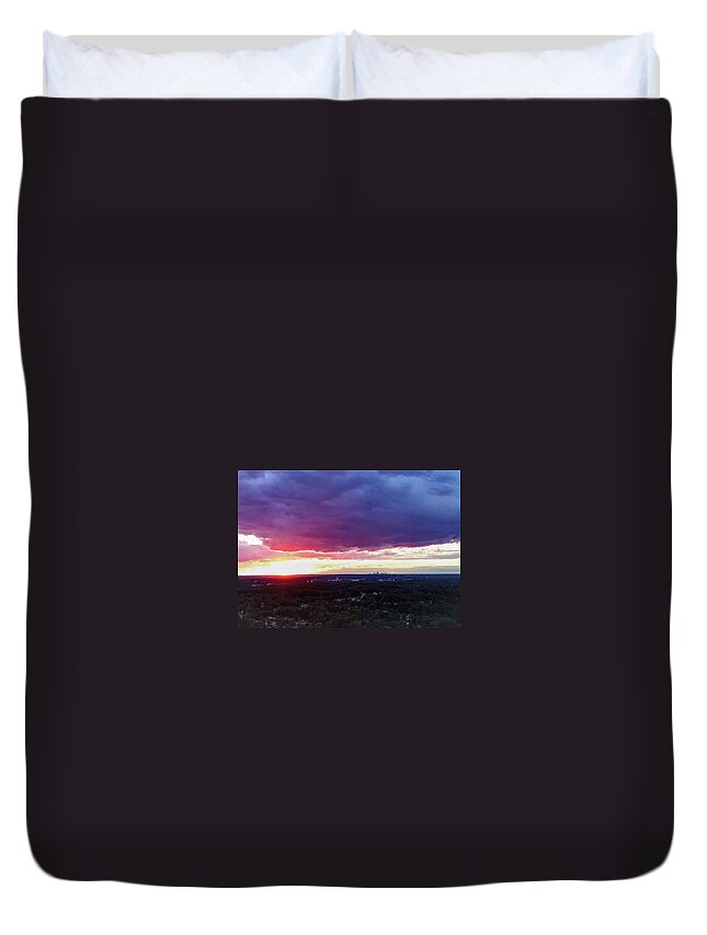  Duvet Cover featuring the photograph Cleveland Sunset - Drone by Brad Nellis