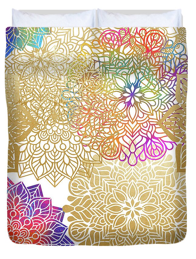 Mandala Duvet Cover featuring the digital art Colorful Gold Mandala Pattern by Sambel Pedes
