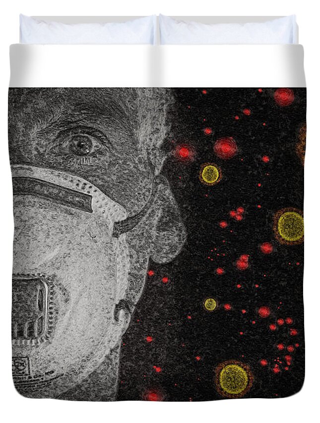 Coronavirus Or Covid-19 And Man With Mask With Red Dots Duvet Cover featuring the painting Coronavirus or COVID-19 and man with mask with red dots #1 by Celestial Images
