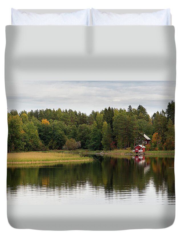 Kuopio Duvet Cover featuring the photograph Country house in the forest in the lake. Autumn season Kuopio Finland #1 by Michalakis Ppalis