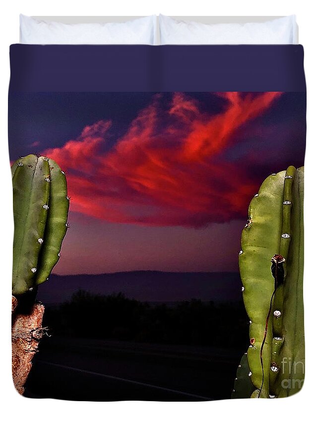 Sunset Duvet Cover featuring the pyrography Desert Sunset #2 by Chris Tarpening