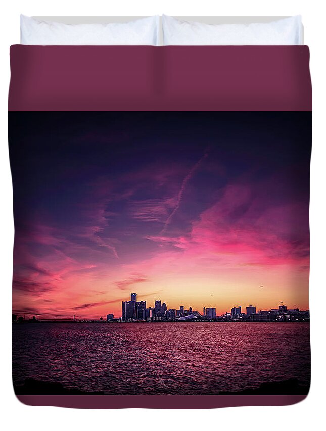  Duvet Cover featuring the digital art Detroit Sunset #1 by Nicholas Grunas