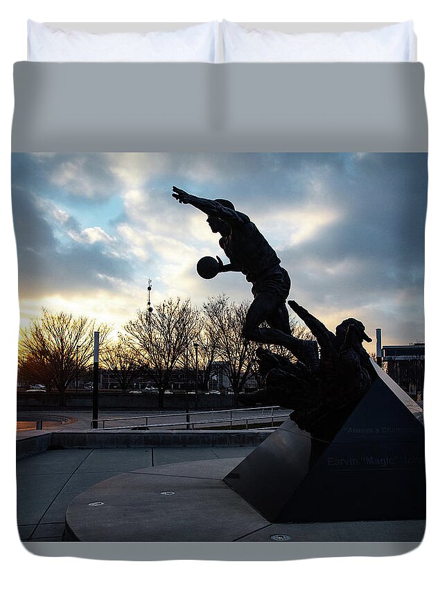 Msu Spartans Duvet Cover featuring the photograph Earvin Magic Johnson statue at sunset at Michigan State University #1 by Eldon McGraw