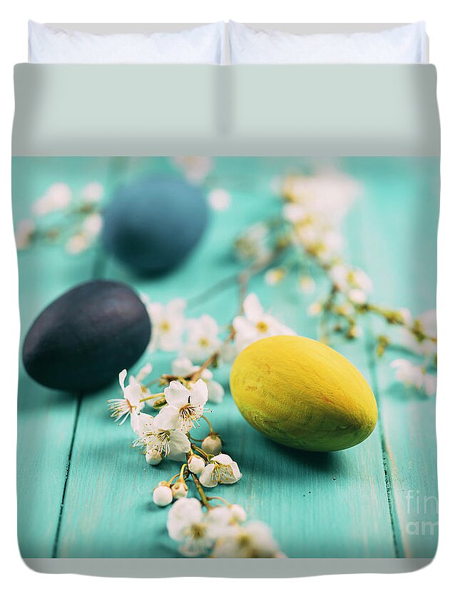 Easter Duvet Cover featuring the photograph Easter eggs and spring blossom #1 by Jelena Jovanovic