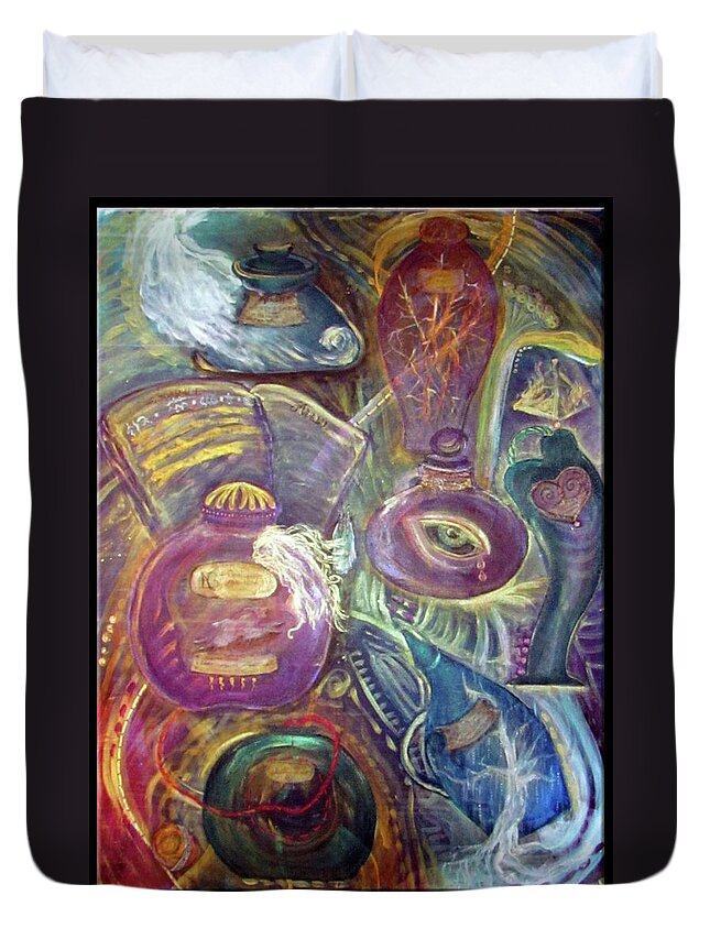 Apothecary Duvet Cover featuring the painting Esoterica's Apothecary by Feather Redfox