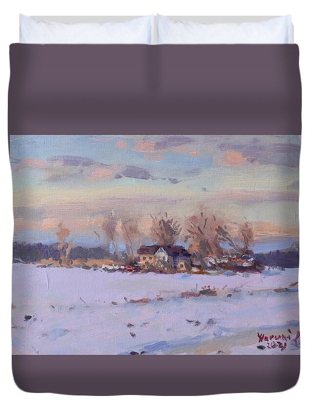 Snow Duvet Cover featuring the painting Evening at the Farm by Ylli Haruni