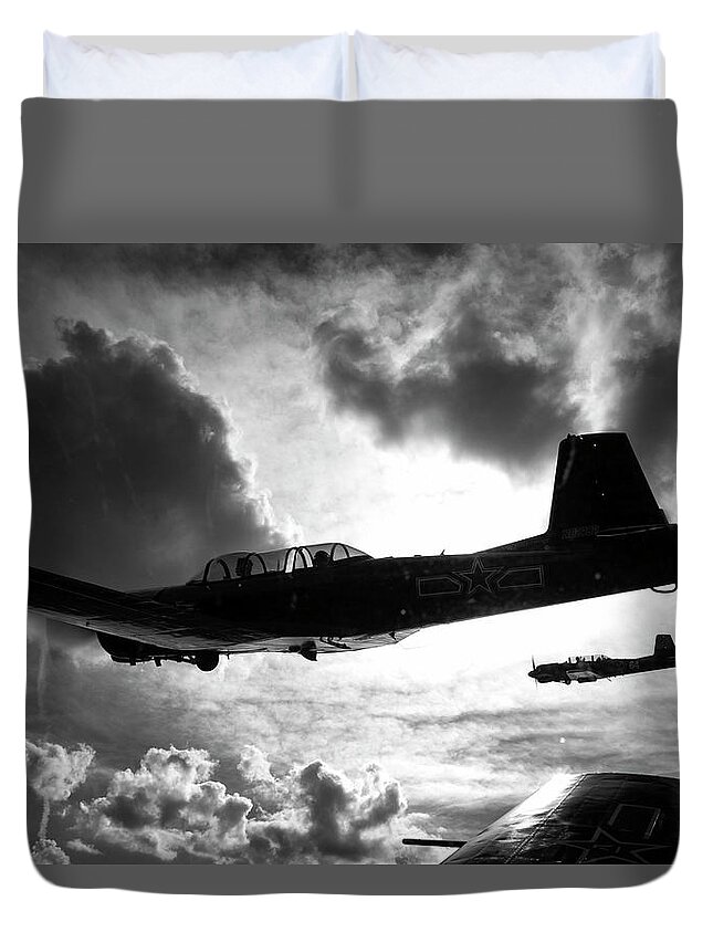 Black Duvet Cover featuring the photograph Formation Flight in Black and White #1 by Carolyn Hutchins