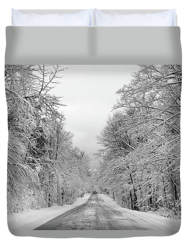 Back Road Duvet Cover featuring the photograph Traveling Through the Fresh Snow by David T Wilkinson
