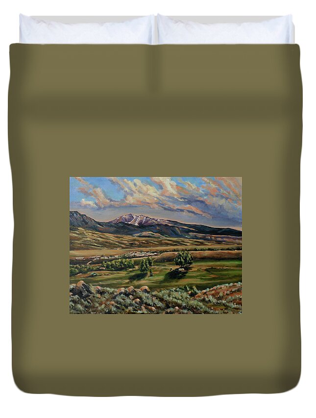 Western Landscape Duvet Cover featuring the painting Gardiner and Electric Peak From Scotty's Place by Les Herman