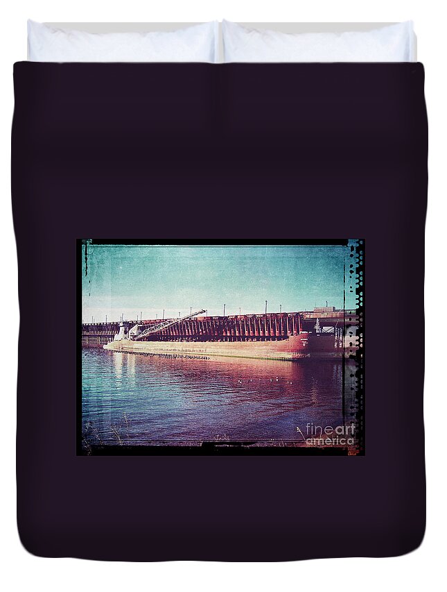 Railroad Duvet Cover featuring the digital art Great Lakes Freighter by Phil Perkins