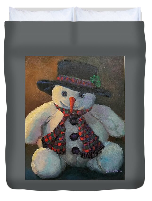 Snowman Christmas Stuffed Animal Holidays Winter Snow Snowflake Wisconsin Driftless Region Duvet Cover featuring the painting Grinning Snowman #2 by Jeff Dickson