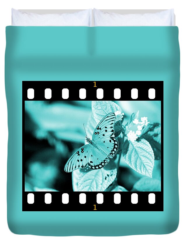 Gulf Duvet Cover featuring the photograph Gulf Fritillary Butterfly Cyan Filmstrip 1 by David Weeks