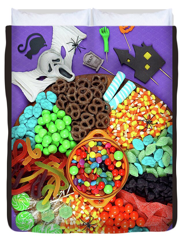 Happy Halloween Duvet Cover featuring the photograph Halloween trick or treat candy grazing platter charcuterie board. #1 by Milleflore Images