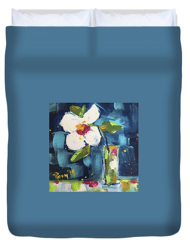 Abstract Flower Painting Duvet Cover featuring the painting Happy Little Gardenia #1 by Roxy Rich