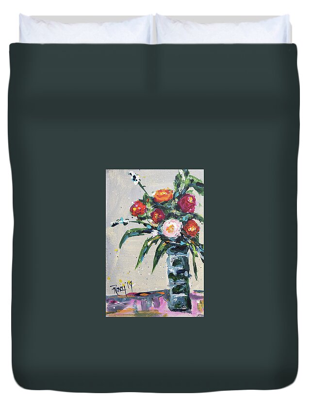 Roses Duvet Cover featuring the painting Happy Little Roses by Roxy Rich